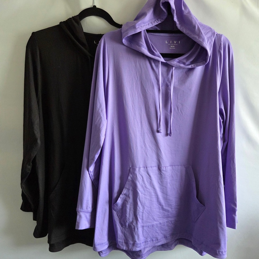 LIVI Active Hooded Long Sleeve Pullover Top Kangaroo Pocket 2pk Black/Purp 18/20